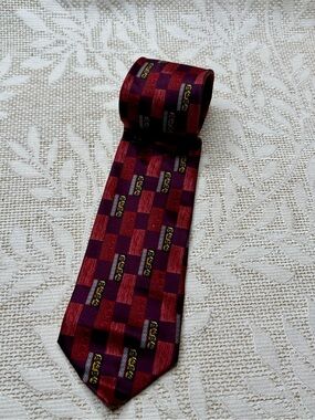 Versace Men's Burgundy and Black Checkerboard Silk Tie with Gold Accents vintage